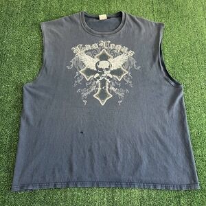 VTG Gildan Tank Top Mens 2XL Sleeveless Navy Blue Las Vegas Skull Sin City Y2K